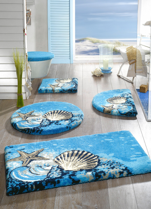 Badmatten - GRUND badkamerset met antislip latex achterkant, in Größe 100 (matje, halfrond 50 x 80 cm) bis 112 (Dekselafdekking met touwtje, 47 x 50 cm), in Farbe BLAUW Ansicht 1