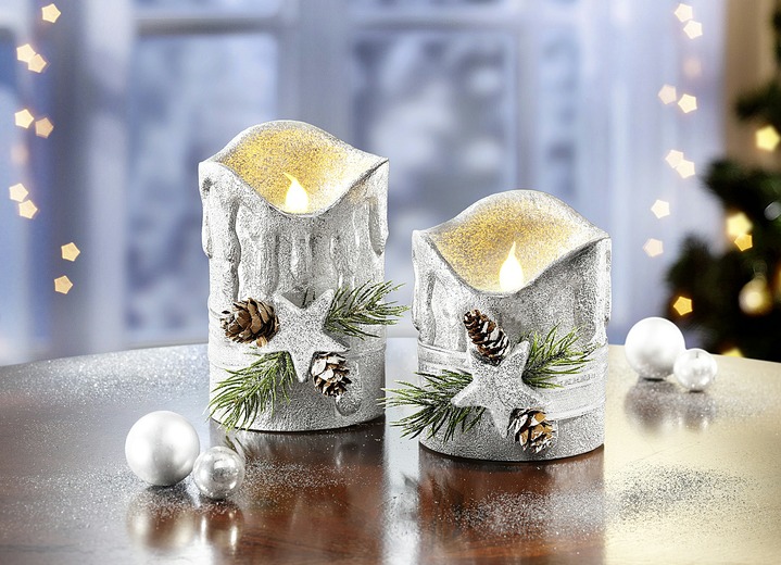 Kerstdecoraties - Echte waskaarsen met led, set van 2, in Farbe ZILVER Ansicht 1