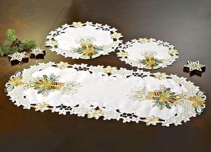 Tafellakens - Tafel- en kamerdecoratie met kaarsen- en klok-motief, in Größe 101 (Kleedje ovaal, 35 x 50 cm) bis 404 (Kussensloop, 40 x 40 cm), in Farbe SEKT Ansicht 1