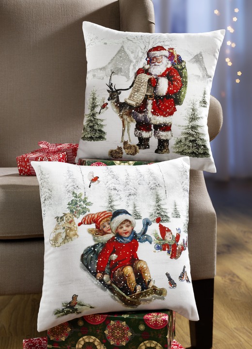 Woonaccessoires - Kussenhoes met motieven ontworpen met oog voor detail, in Farbe WIT-ROOD, in Ausführung Kerstman