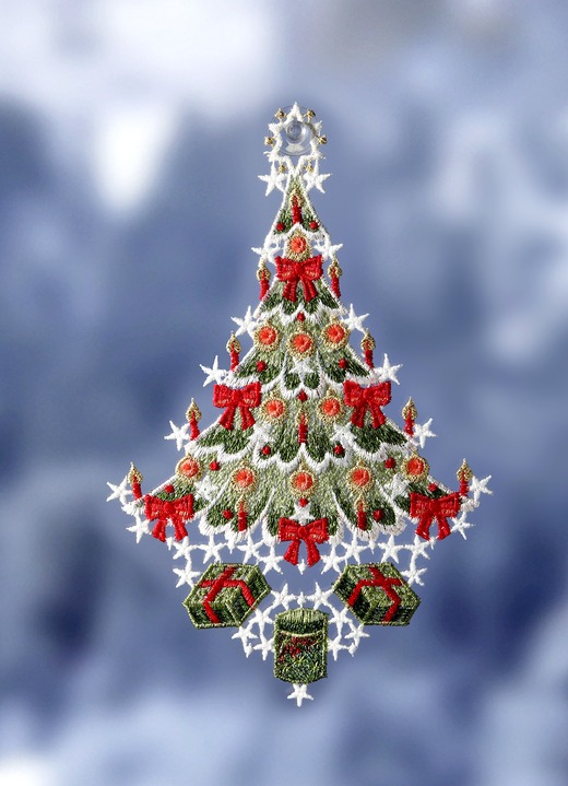 Raamhangers - Raamdecoratie kerstboom van echt Plauener kant, in Farbe GROEN-ROOD