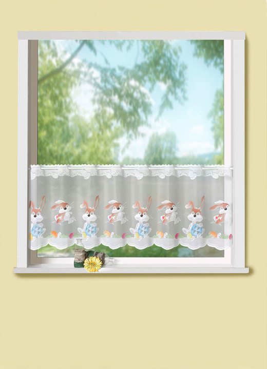 Tafel- & raamdecoraties - Korte vitrage paashaas, handgekleurd, in Größe 784 (H 45 x B 90 cm) bis 862 (H 60 x B 150 cm), in Farbe WIT-MULTICOLOR