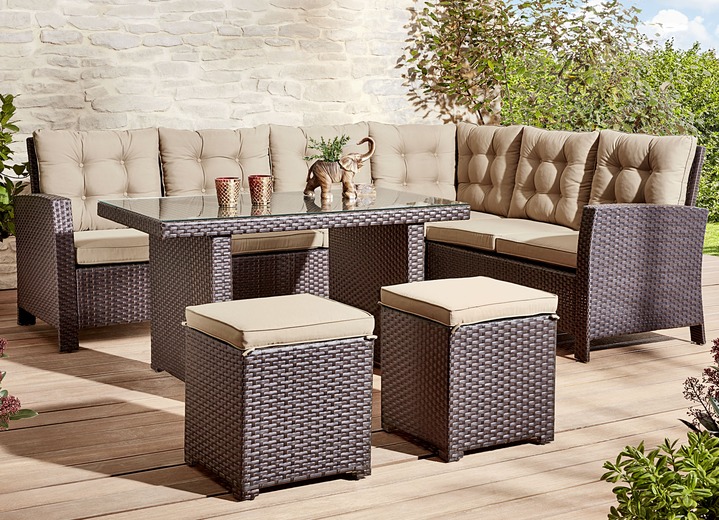 Tuinmeubels - Dining Lounge- en eetkamergroep inclusief stoelkussens en kussens, in Farbe BRUIN Ansicht 1