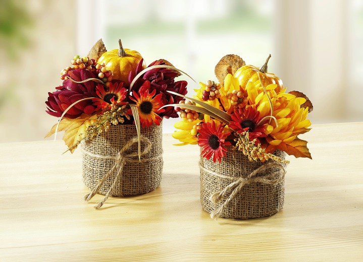 Kunst- & textielplanten - Dahlia-bloemstukje in jutezak, set van 2, in Farbe ROOD-ORANJE