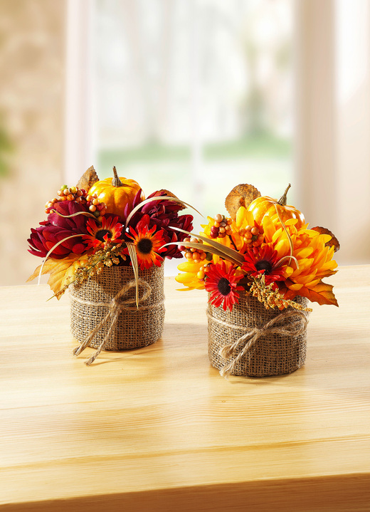 Kunst- & textielplanten - Dahlia arrangement in jute zakje, set van 2, in Farbe ROOD-ORANJE