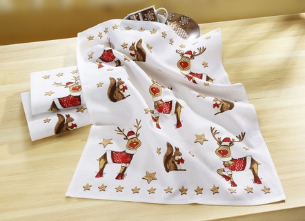 Theedoeken, eland- en eekhoorn-motieven, set van 3
