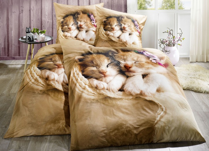 Beddengoed - ‘Dobnig‘ beddengoedset met kittens, in Farbe NOUGAT