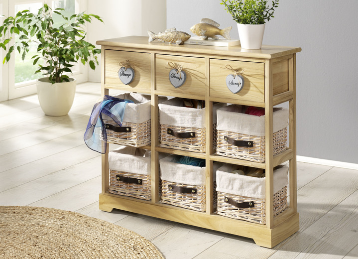 Kleine meubels - Massief houten ladekast met rieten manden, in Farbe NATUREL Ansicht 1