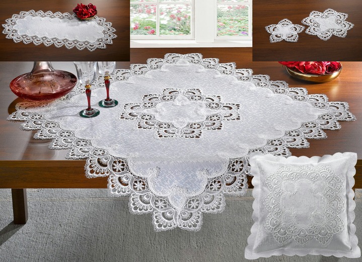 Tafellakens - Tafel en kamer decoratie met fijne macramé kant, in Größe 102 (Loper, 40/90 cm) bis 404 (Kussensloop, 40/40 cm), in Farbe