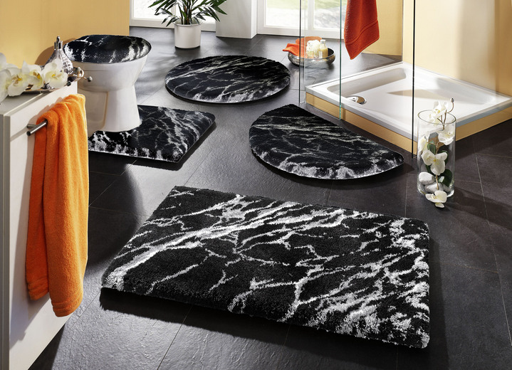 Badmatten - Badmattenset van Grund met marmeren dessin, in Größe 100 (matje, halfrond 50 x 80 cm) bis 112 (motief-toiletdekselafdekking, 47 x 50 cm), in Farbe ZWART Ansicht 1