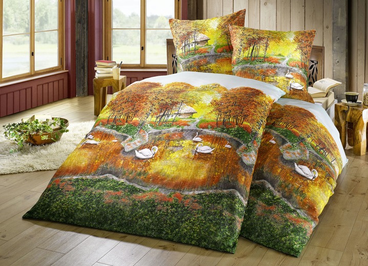 - ‘DOBNIG‘ beddengoedset Zee met zwanen, in Größe 111 (40 x 80 cm + 135 x 200 cm) bis 412 (2x 80 x 80 cm + 2x 135 x 200 cm), in Farbe TERRA