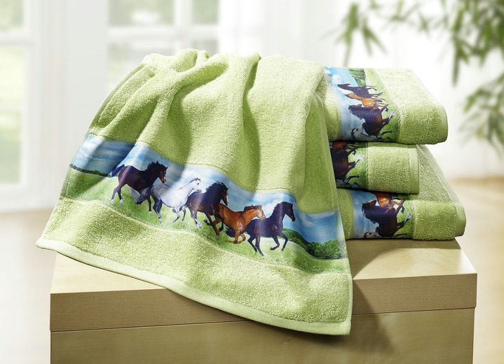 Handdoeken - Badstofserie met bijzonder hoogwaardige bedrukte rand, in Größe 200 (1 handdoek, 50 x 100 cm) bis 205 (5-delige voordeelset) 2 handdoeken, 2 gastendoekjes en 1 douchehanddoek), in Farbe GROEN