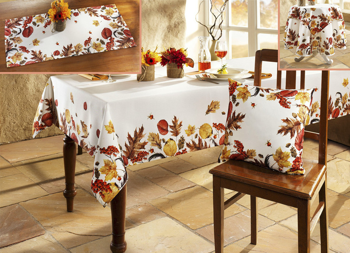 Tafellakens - Kamerdecoratie met herfstbladeren, in Größe 146 (loper, 40 x 90 cm) bis 404 (Kussensloop, 40 x 40 cm), in Farbe CRÈME/MULTICOLOR Ansicht 1