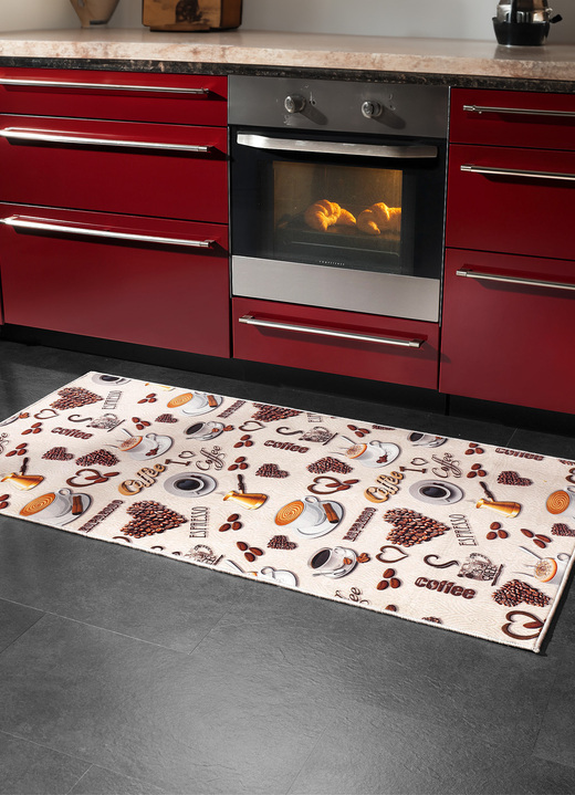 Modern - Keukenlopers en vloerkleden met koffiespecialiteiten, in Größe 102 (loper, 60 x 115 cm) bis 185 (Tapijt, 140 x 200 cm), in Farbe BEIGE Ansicht 1