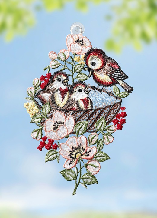 - Raamdecoratie Vogelnest van kantwerk uit Plauen, in Farbe MULTICOLOR
