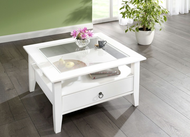 Salontafels - Massief houten salontafel in landhuisstijl, in Farbe WIT, in Ausführung vierkant, met 1 schuiflade Ansicht 1