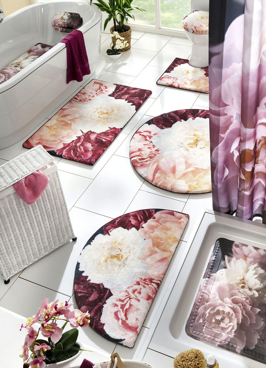- Badset met pioenroosmotief, in Größe 100 (matje, halfrond 50 x 80 cm) bis 112 (motief-toiletdekselafdekking, 47 x 50 cm), in Farbe ROSÉ Ansicht 1