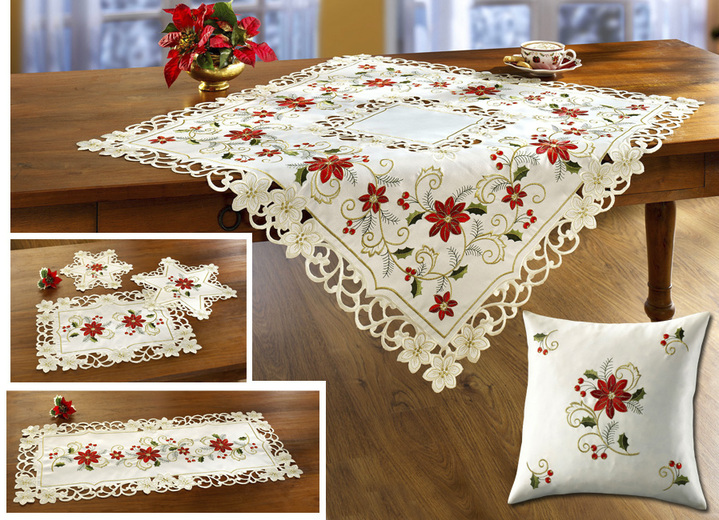 Tafellakens - Tafel- en kamerdecoratie met kerstbloemen, in Größe 101 (Kleedje, 35 x 50 cm) bis 404 (Kussensloop, 40 x 40 cm), in Farbe SECT-MEERKLEURIG