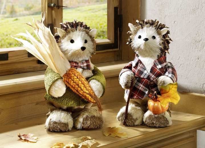 Woonaccessoires & decoraties - Egel set van 2, gemaakt van raffia, natuurlijke kegels en hout, in Farbe BRUIN