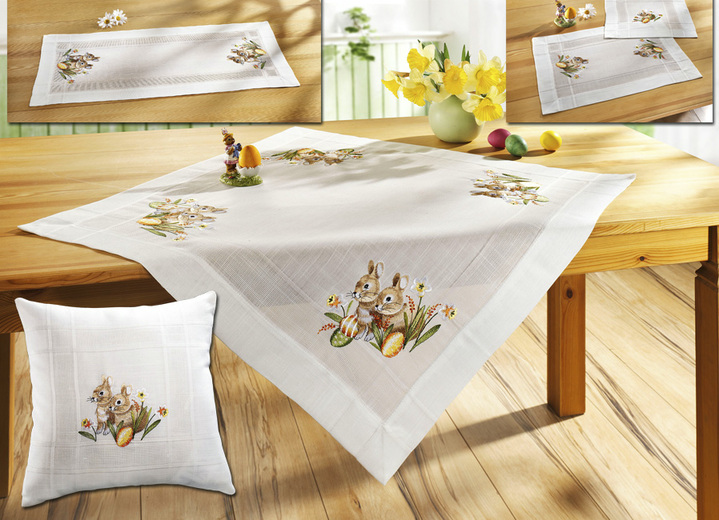 Tafellakens - Tafel- en kamerdecoratie met hazenmotief, in Größe 102 (loper, 40 x 85 cm) bis 404 (Kussensloop, 40 x 40 cm), in Farbe SECT-MEERKLEURIG