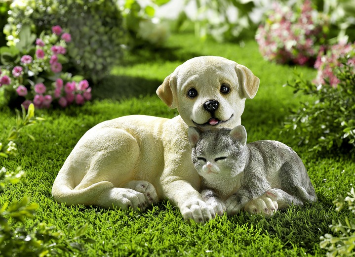 Tuindecoraties - Hond en kat van kunststeen, in Farbe BEIGE-GRIJS-WIT