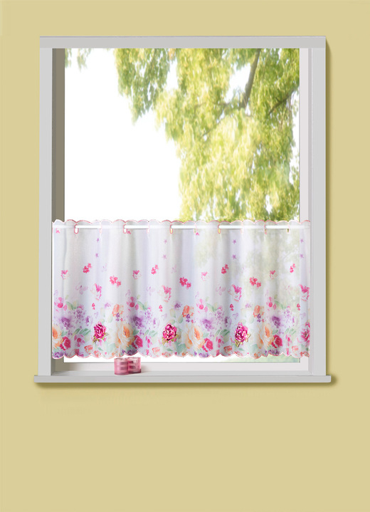 - Korte venstervitrage met een zee aan bloemen, in Größe 786 (H 45 x B 85 cm) bis 790 (H 45 x B 155 cm), in Farbe WIT-MULTICOLOR Ansicht 1