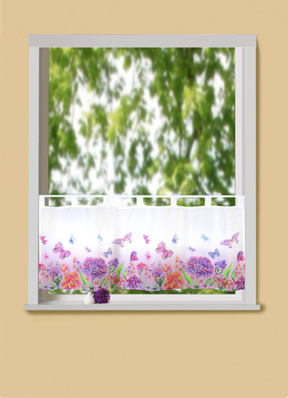 Korte venstervitrage met hortensiaprint