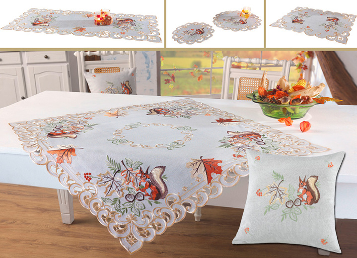 Tafellakens - Uitgebreid vervaardigde tafel- en kamerdecoratie, in Größe 101 (Kleedje, 35 x 50 cm) bis 404 (Kussensloop, 40 x 40 cm), in Farbe GRIJS