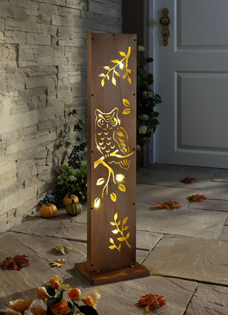 Decoratieve stele-uil met LED's van ijzer in roestlook