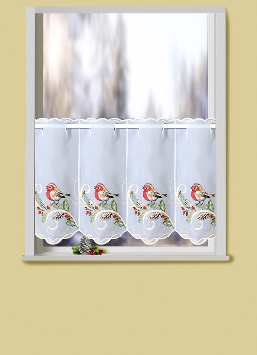 - Kort glasgordijn met echt kantwerk van Plauen en stangdoorvoer, in Größe 822 (H 35 x B 80 cm) bis 862 (H55 x B144 cm), in Farbe WIT-MULTICOLOR Ansicht 1