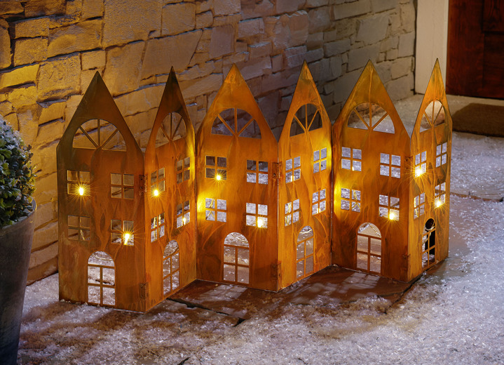 Wintertuin - Silhouet van een huis in roest-look met geïntegreerd lichtsnoer, in Farbe ROEST Ansicht 1