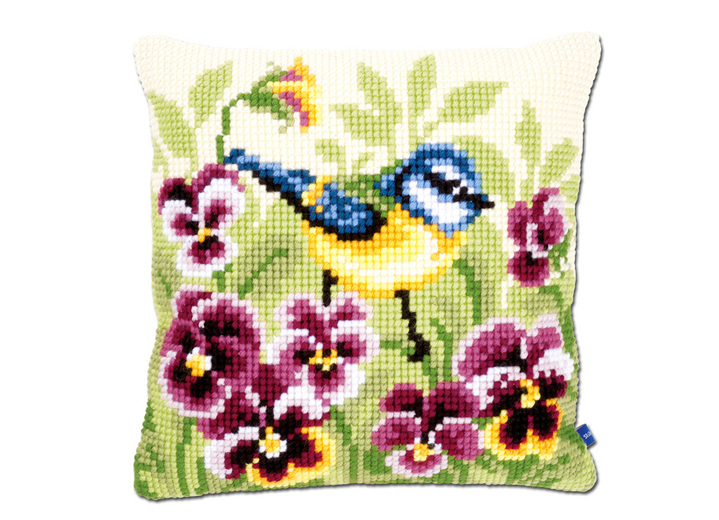 Decoratiekussens & slopen - Kruissteekkussens met Pimpelmees en apparatuur, in Farbe MULTICOLOR
