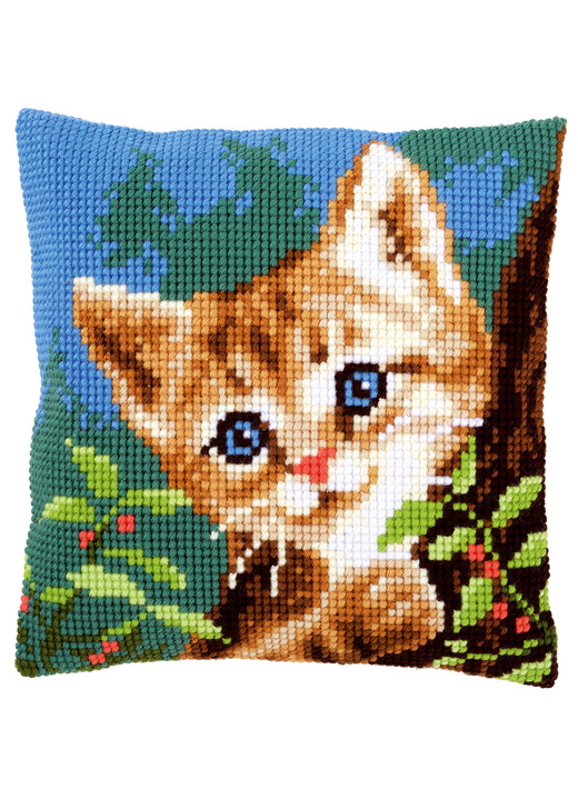 Decoratiekussens & slopen - Borduurkussen kat met accessoires, in Farbe MULTICOLOR