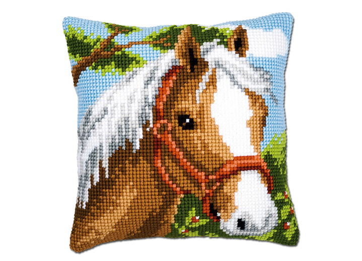 Decoratiekussens & slopen - Borduurkussen met paardenmotief, in Farbe MULTICOLOR