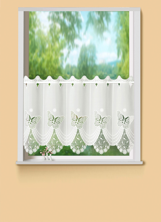 Korte gordijnen - Kort glasgordijn met vlindermotief, in Größe 822 (H 35 x B 96 cm) bis 856 (H63xB 96 cm), in Farbe ECRU Ansicht 1