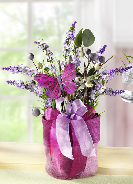 Woonaccessoires & decoraties - Lentearrangement met bloemen en grassen in een vilten zakje, in Farbe PAARS, in Ausführung Bloemstuk met lavendel Ansicht 1