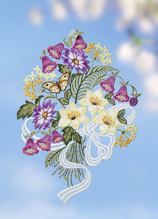 Het beeld van het venster met boeket van Bloemen van kant Plauen