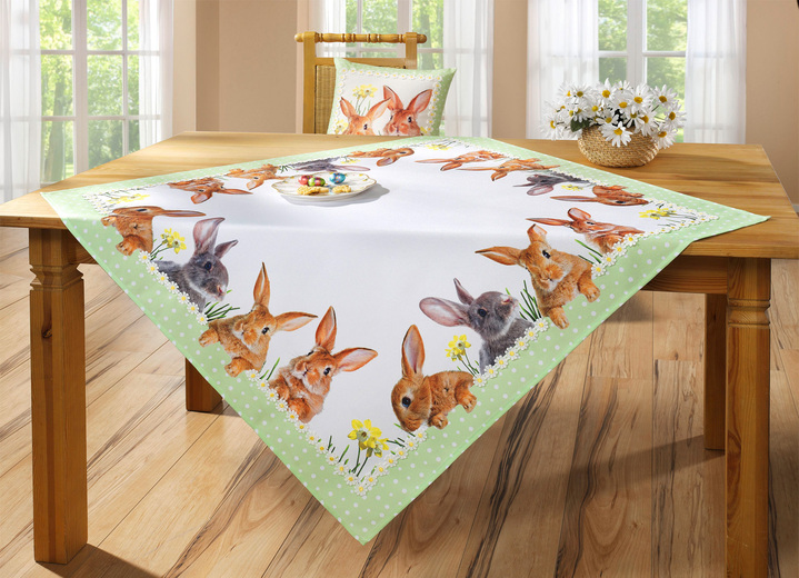 Tafellakens - Tafel- en kamerdecoratie met hazenmotieven, in Größe 101 (2 x placemats, 35 x 50 cm) bis 404 (Kussensloop, 40 x 40 cm), in Farbe WIT-MULTICOLOR Ansicht 1