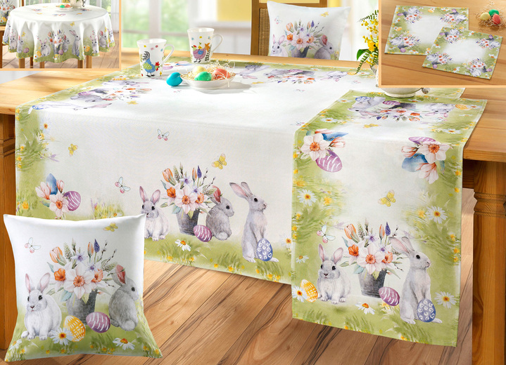 Tafellakens - Woonaccessoires met talrijke konijntjes paaseieren en bloemstukken, in Größe 101 (Loper, 40 x 90 cm) bis 404 (Kussensloop, 40 x 40 cm), in Farbe GROEN