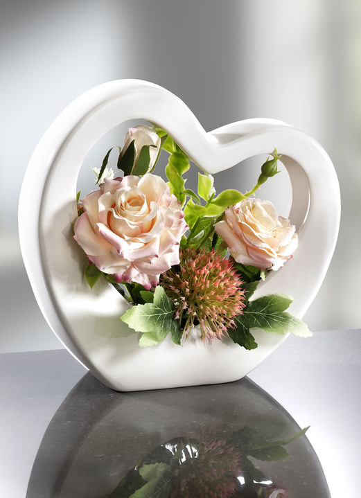 Kunst- & textielplanten - Rozenarrangement in een hartvormige keramische kom, in Farbe LICHTROZE CRÈME