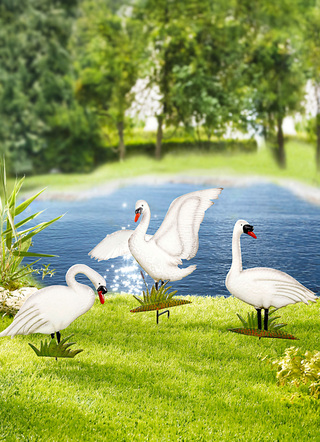 Handbeschilderde tuinpalen in de vorm van zwanen, set van 3