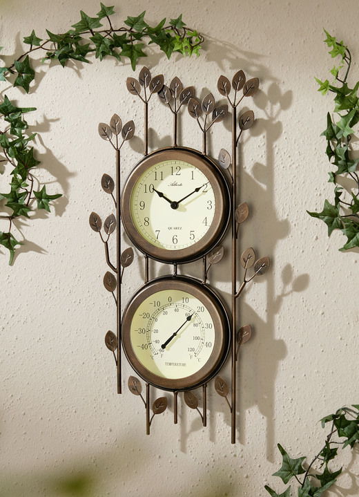 Tuindecoraties - Batterij-aangedreven wandklok met thermometer, in Farbe BRUIN