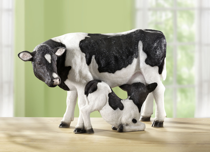 Beeldjes - Handgeschilderde koe met kalf, in Farbe ZWART-WIT