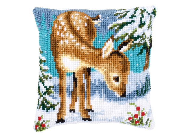 Decoratiekussens & slopen - Kruissteekkussen met wintermotieven, in Farbe MULTICOLOR, in Ausführung Geborduurd kussen met fawn