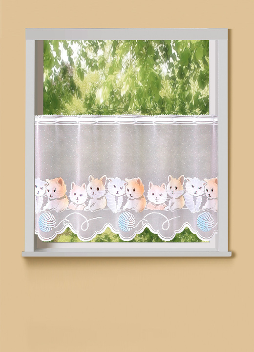 Korte gordijnen - Korte poorten met kattenmotief, in Größe 857 (H60xB117 cm) bis 858 (H60xB134 cm), in Farbe WIT-MULTICOLOR