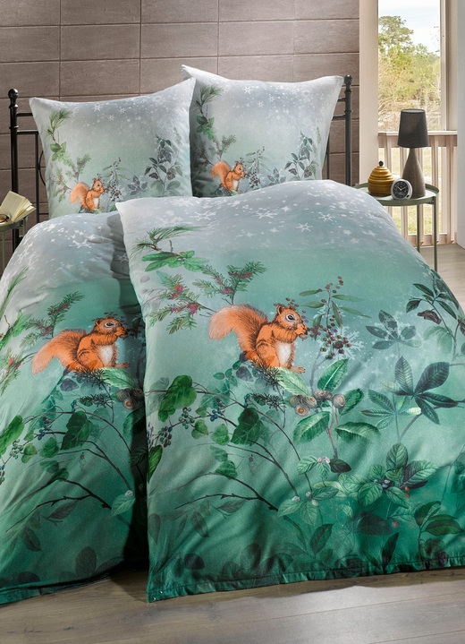 Beddengoed - Beddengoedset met eekhoornmotief, in Größe 112 (80 x 80 cm + 135 x 200 cm) bis 115 (80 x 80 cm + 155 x 220 cm), in Farbe DENNENGROEN Ansicht 1