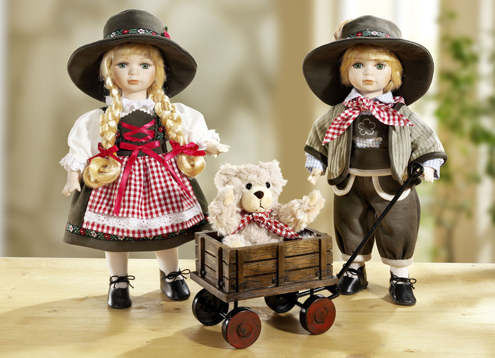 - Paar poppen met teddybeer in handkar, set van 3, in Farbe BRUIN-ROOD
