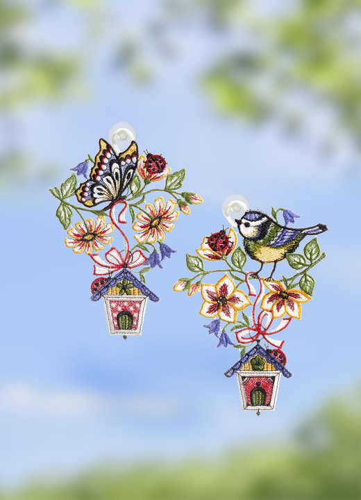 Raamhangers - Lenteachtig raamschilderij van echt Plauen-kant, in Farbe KLEURRIJK, in Ausführung Raamfoto Vogel in een vogelhuisje