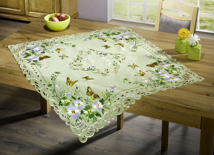 Tafellakens - Tafel- en kamerdecoratie met bloemen en vlinders, in Größe 101 (Kleedje ovaal, 35 x 50 cm) bis 404 (Kussensloop, 40 x 40 cm), in Farbe GROEN Ansicht 1