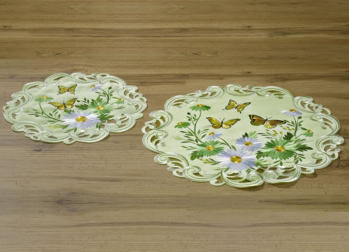 Tafellakens - Tafel- en kamerdecoratie met bloemen en vlinders, in Größe 101 (Kleedje ovaal, 35 x 50 cm) bis 404 (Kussensloop, 40 x 40 cm), in Farbe GROEN Ansicht 1